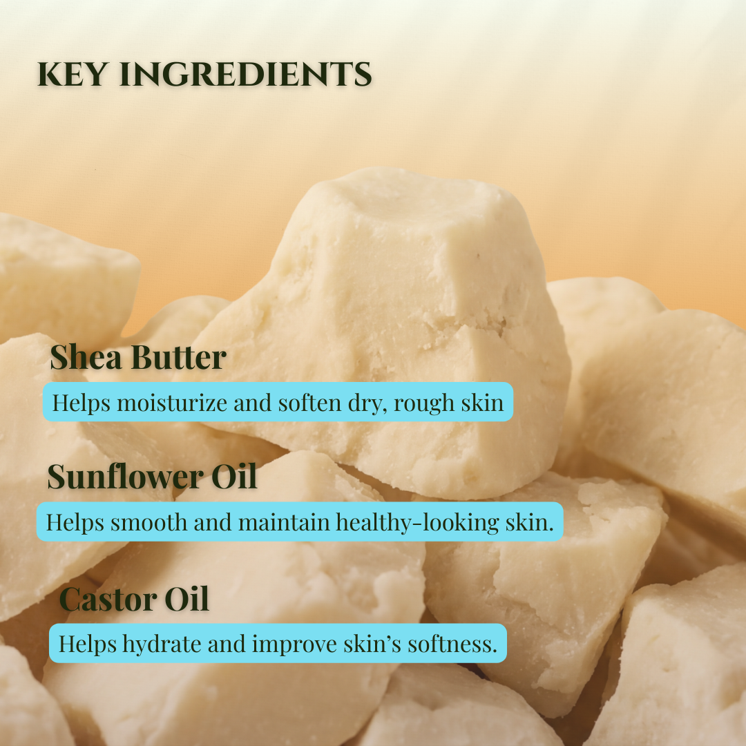 Key ingredients for JOSSPURE handmade mens sandalwood soap featuring shea butter, sunflower oil, and castor oil