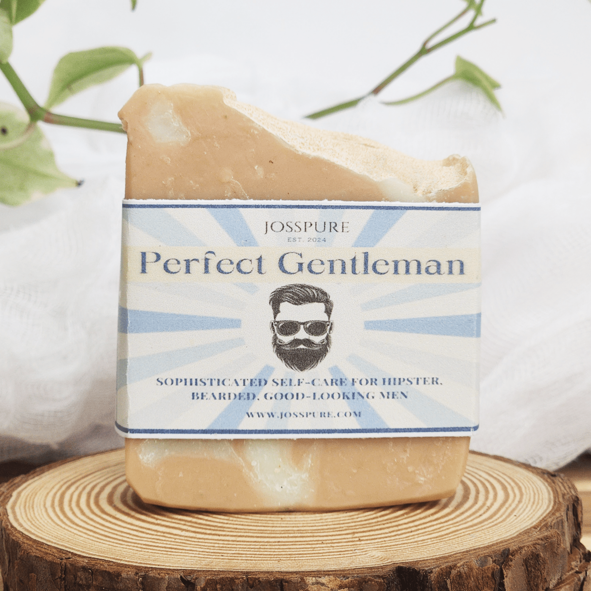 JOSSPURE Perfect Gentleman mens sandalwood soap bar with natural handmade ingredients on wooden surface