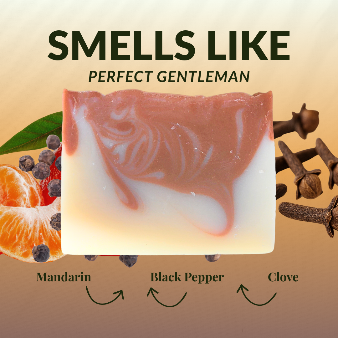 JOSSPURE handmade mens sandalwood soap with a marbled design featuring mandarin and clove scents