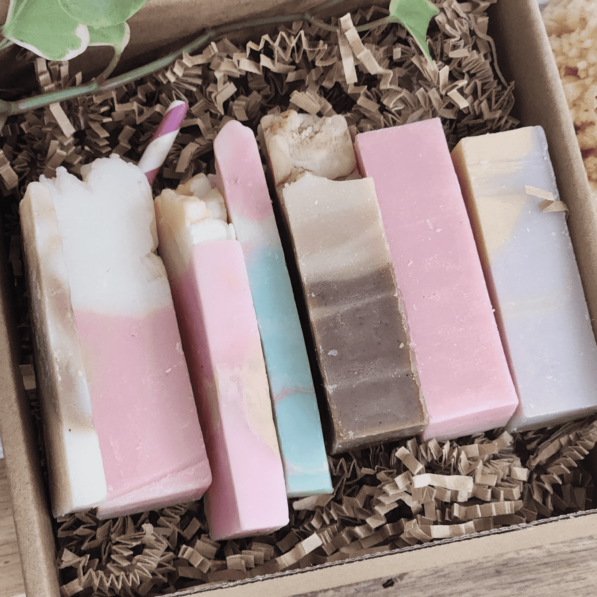 JOSSPURE handmade mystery soap sampler pack with six colorful natural soap bars in a gift box