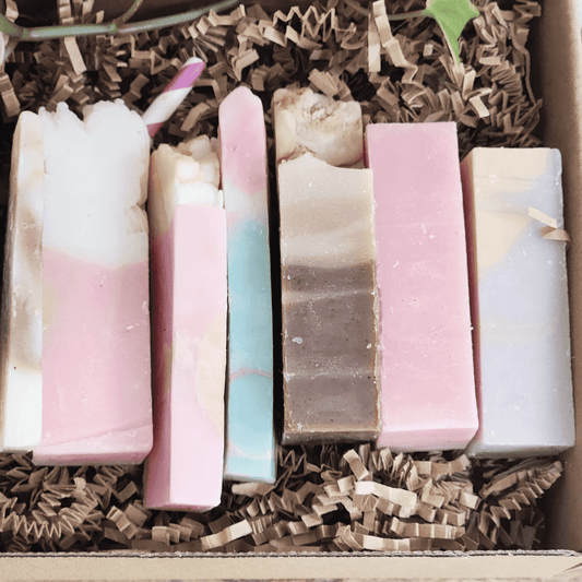 JOSSPURE mystery soap sampler pack with six handmade natural body care soap bars in varied pastel colors