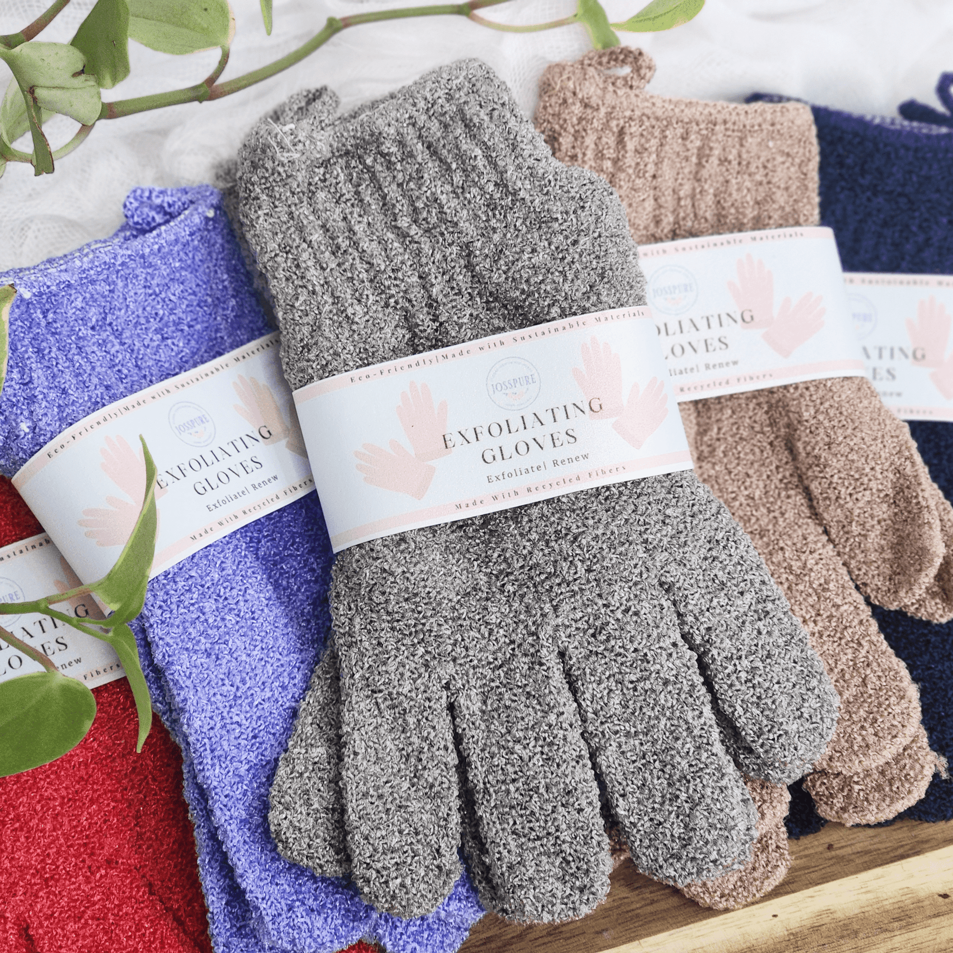 JOSSPURE handmade natural exfoliating gloves in gray, purple, brown, and navy for gentle skin exfoliation
