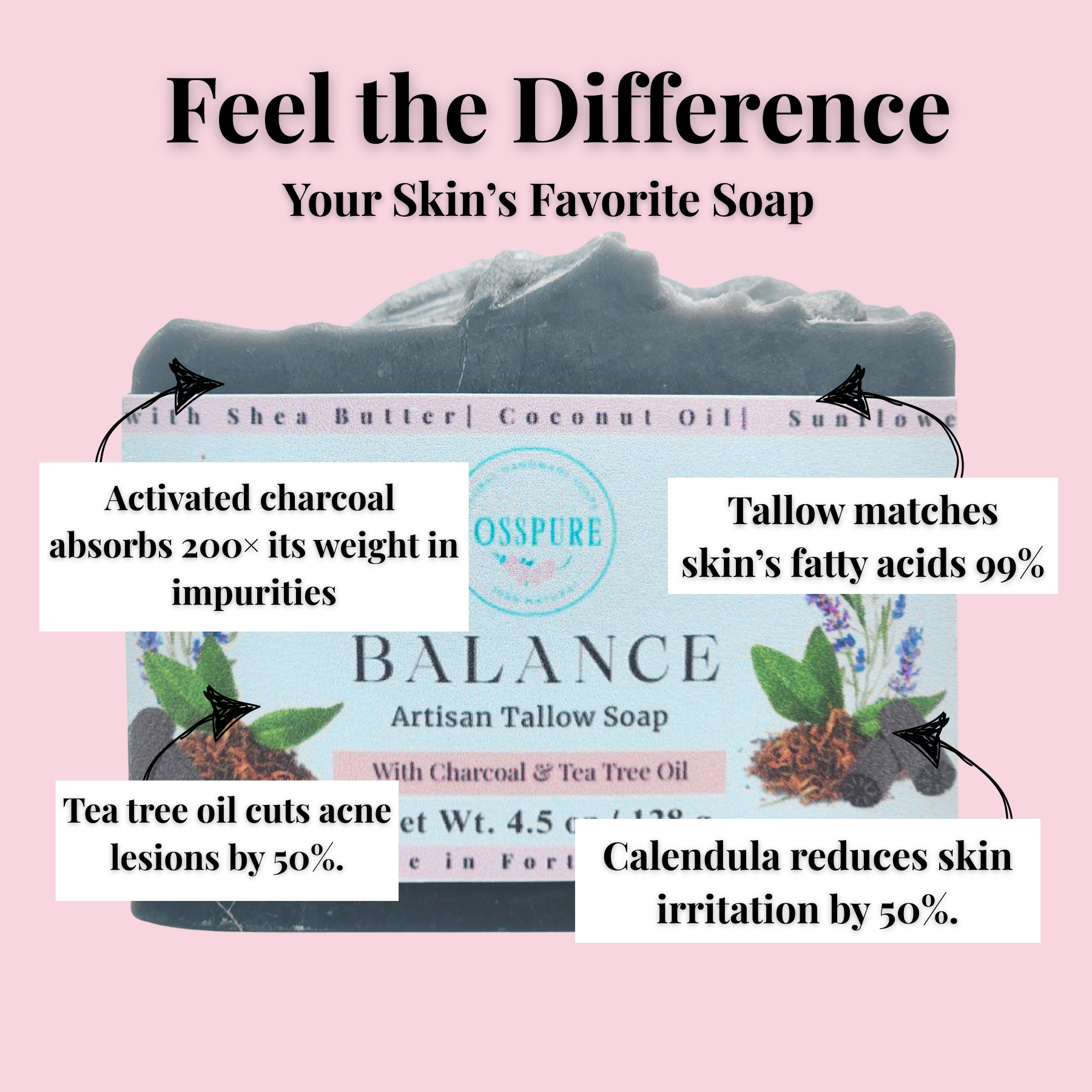JOSSPURE oily skin tallow soap bar with activated charcoal and tea tree oil for natural body care