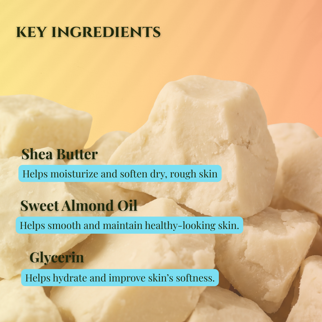 Key ingredients including Shea Butter and Sweet Almond Oil for orange ylang ylang sugar scrub