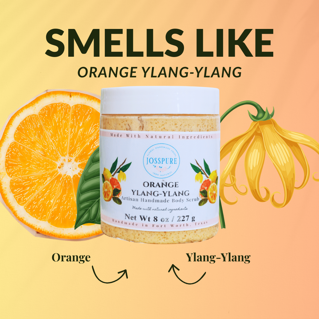 JOSSPURE orange ylang ylang sugar scrub jar with orange and ylang-ylang illustrations for natural body care