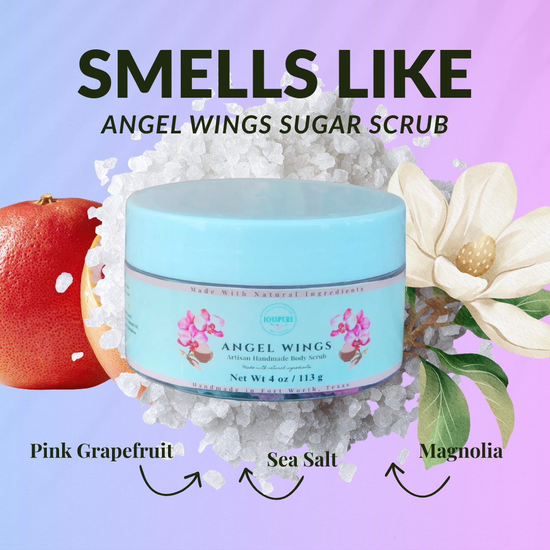 Orchid sea salt luxury body sugar scrub in blue container with floral design and fruit background