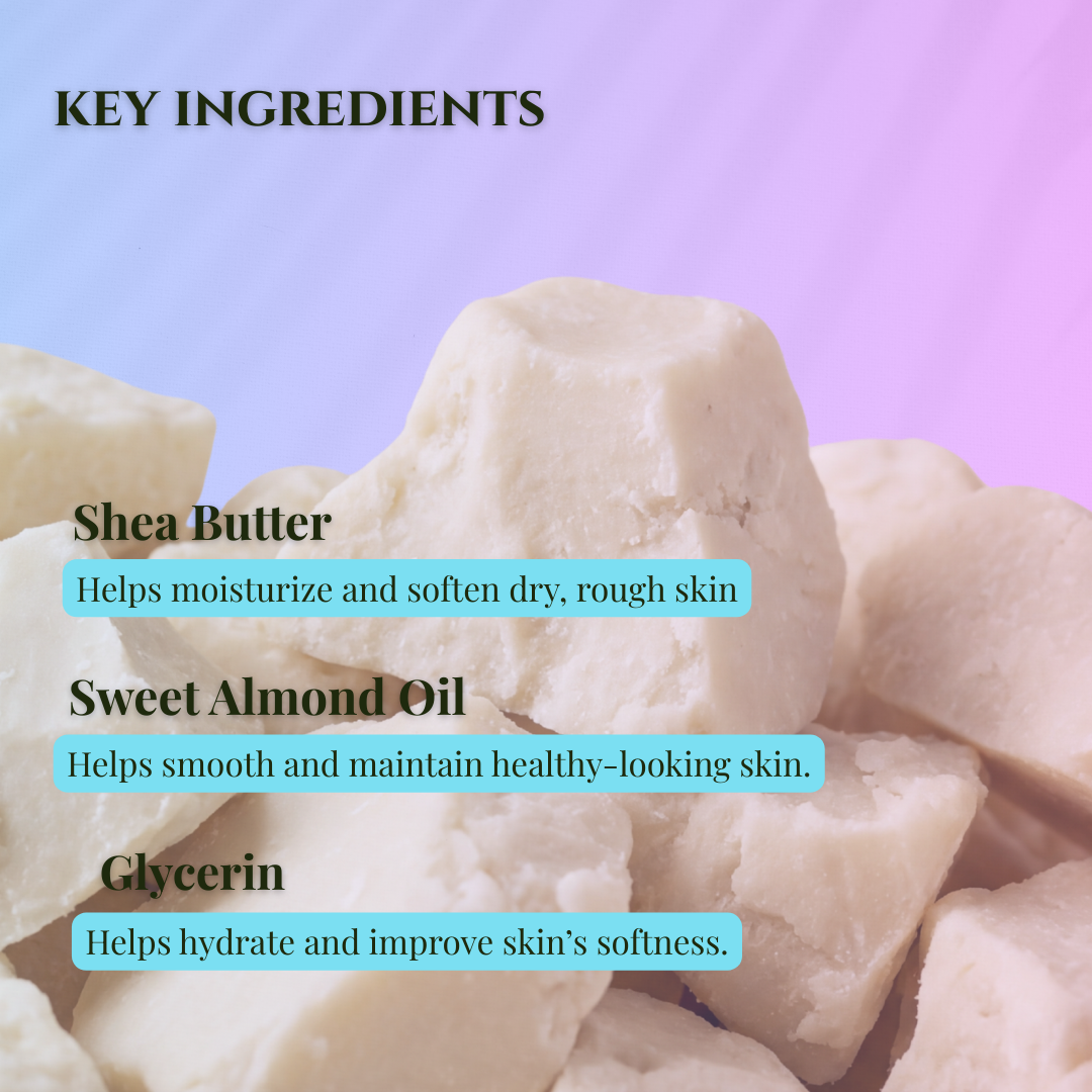 Key ingredients for JOSSPURE handmade soap including shea butter, sweet almond oil, and glycerin