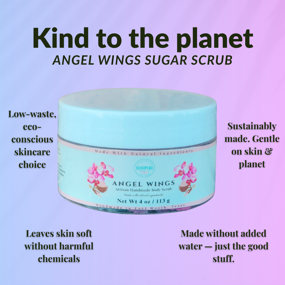 JOSSPURE Angel Wings Sugar Scrub in 4 oz jar, featuring orchid sea salt luxury body sugar scrub for gentle natural skincare