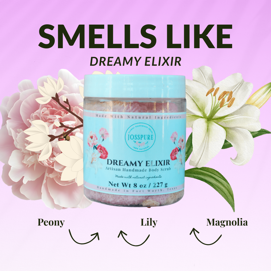 Peony & Lily sugar scrub in a clear jar with floral graphics for natural body care