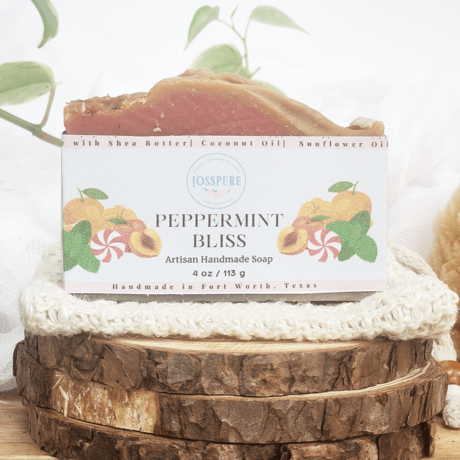 JOSSPURE peppermint mild shea butter soap bar with natural ingredients on rustic wooden surface