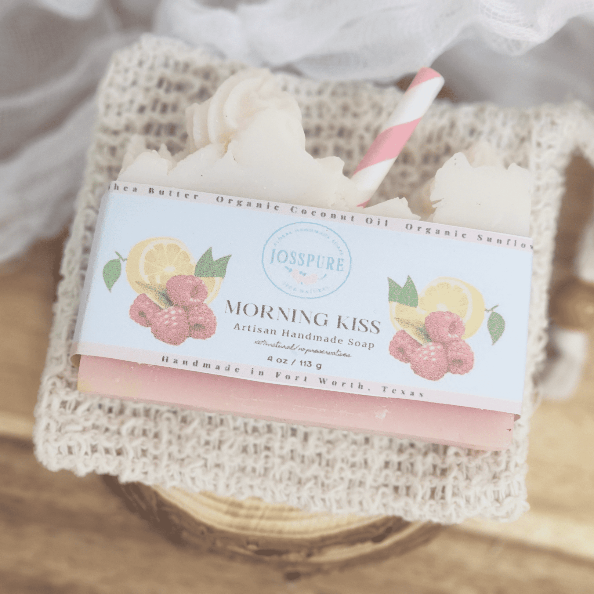 JOSSPURE raspberry lemonade mild shea butter soap handmade with natural ingredients and decorative straw
