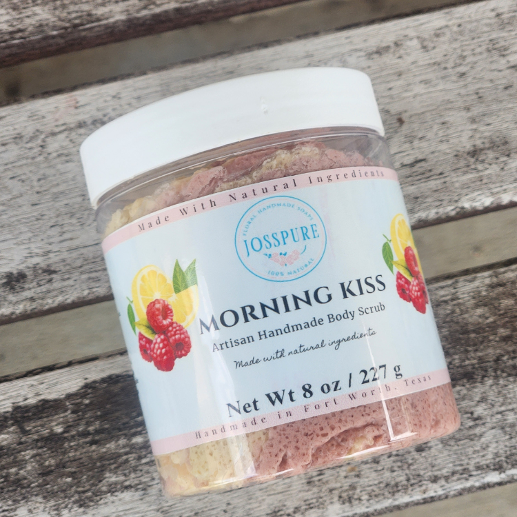 JOSSPURE Morning Kiss Artisan Handmade Body Scrub featuring raspberry lemonade sugar scrub in an 8 oz jar