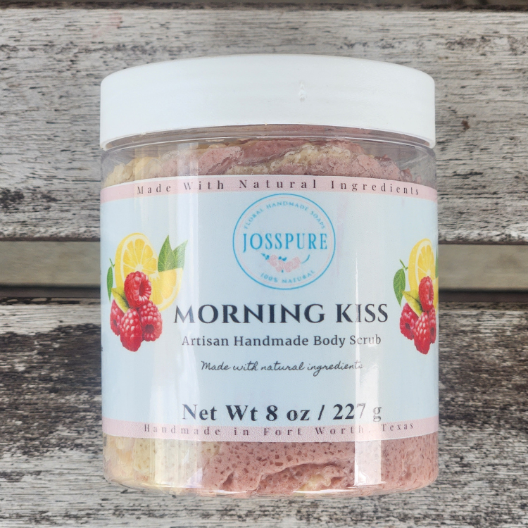 JOSSPURE Artisan Handmade Morning Kiss Body Scrub in a clear jar with raspberry lemonade sugar scrub