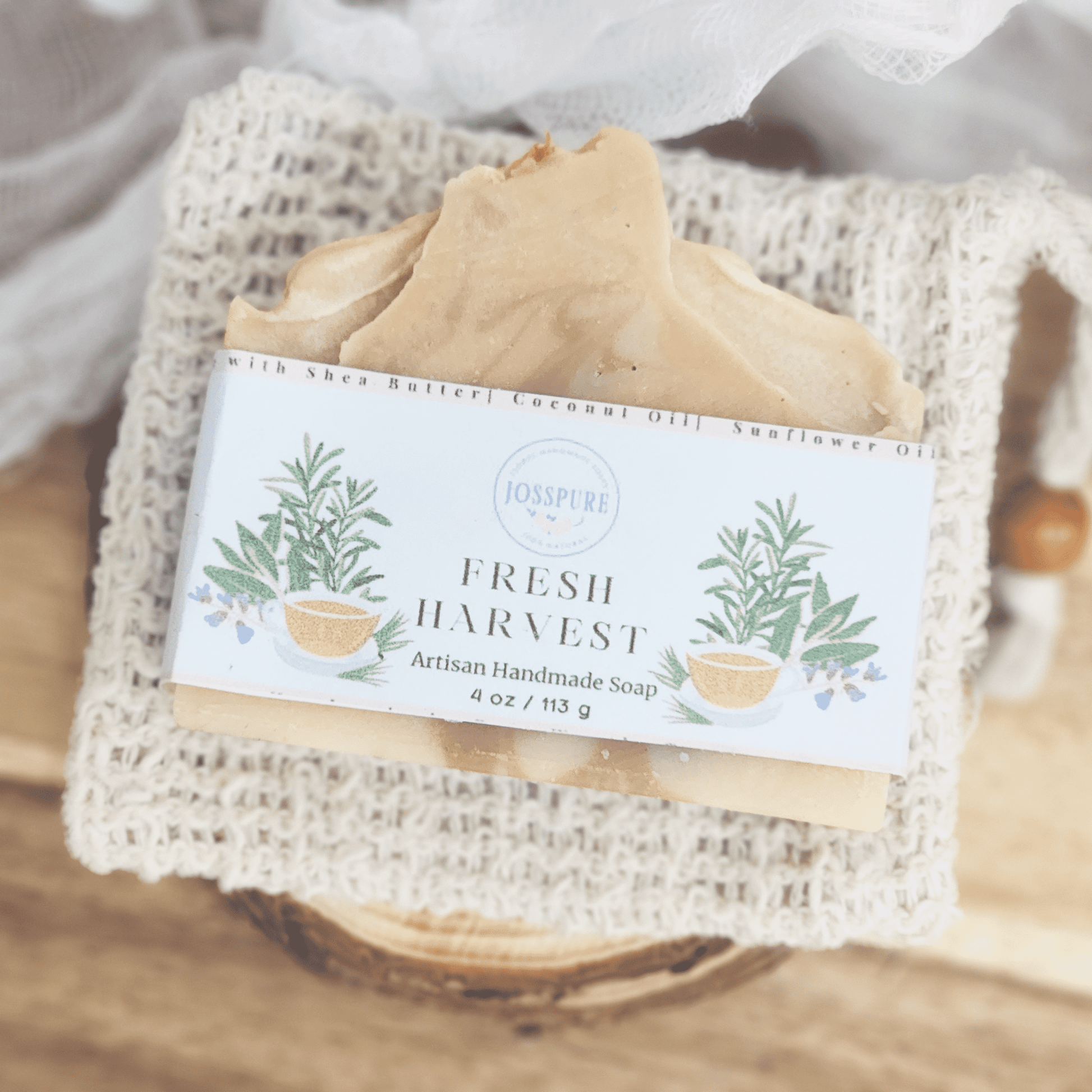 JOSSPURE rosemary lemongrass mild shea butter soap handmade artisan bar on knitted cloth