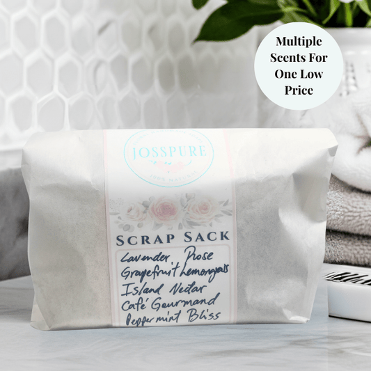 JOSSPURE soap end bundle in a white scrap sack with multiple scents for natural body care