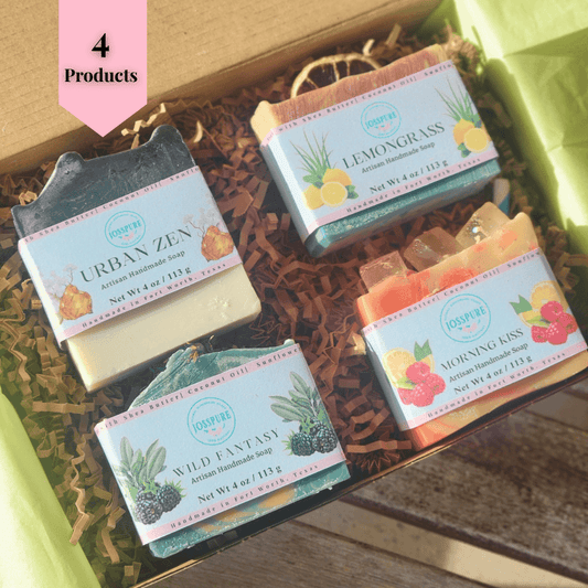 Spring soaps bundle featuring four handmade soaps: Urban Zen, Lemongrass, Wild Fantasy, and Morning Kiss.