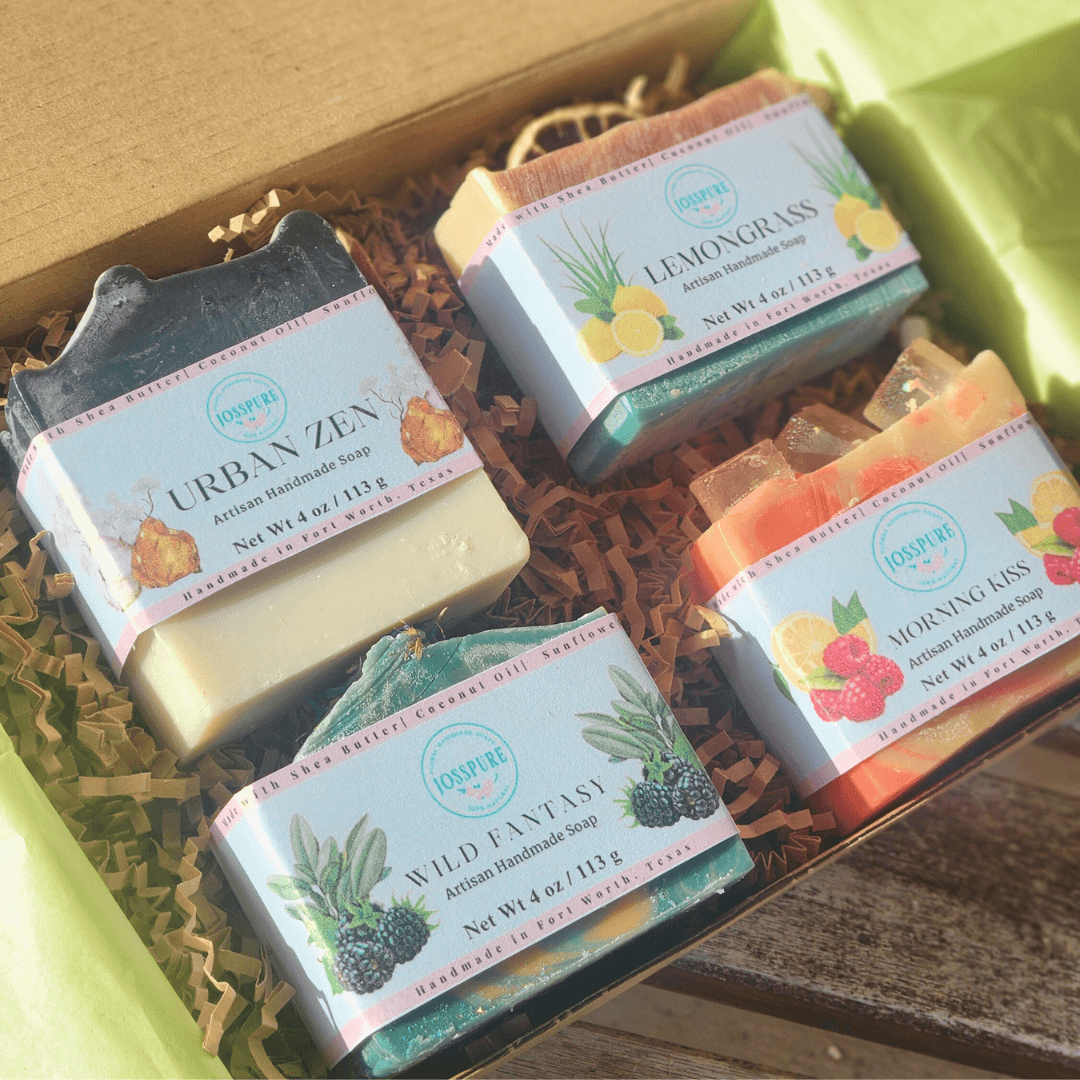 Spring soaps bundle featuring Urban Zen, Wild Fantasy, Lemongrass, and Morning Kiss handmade soaps