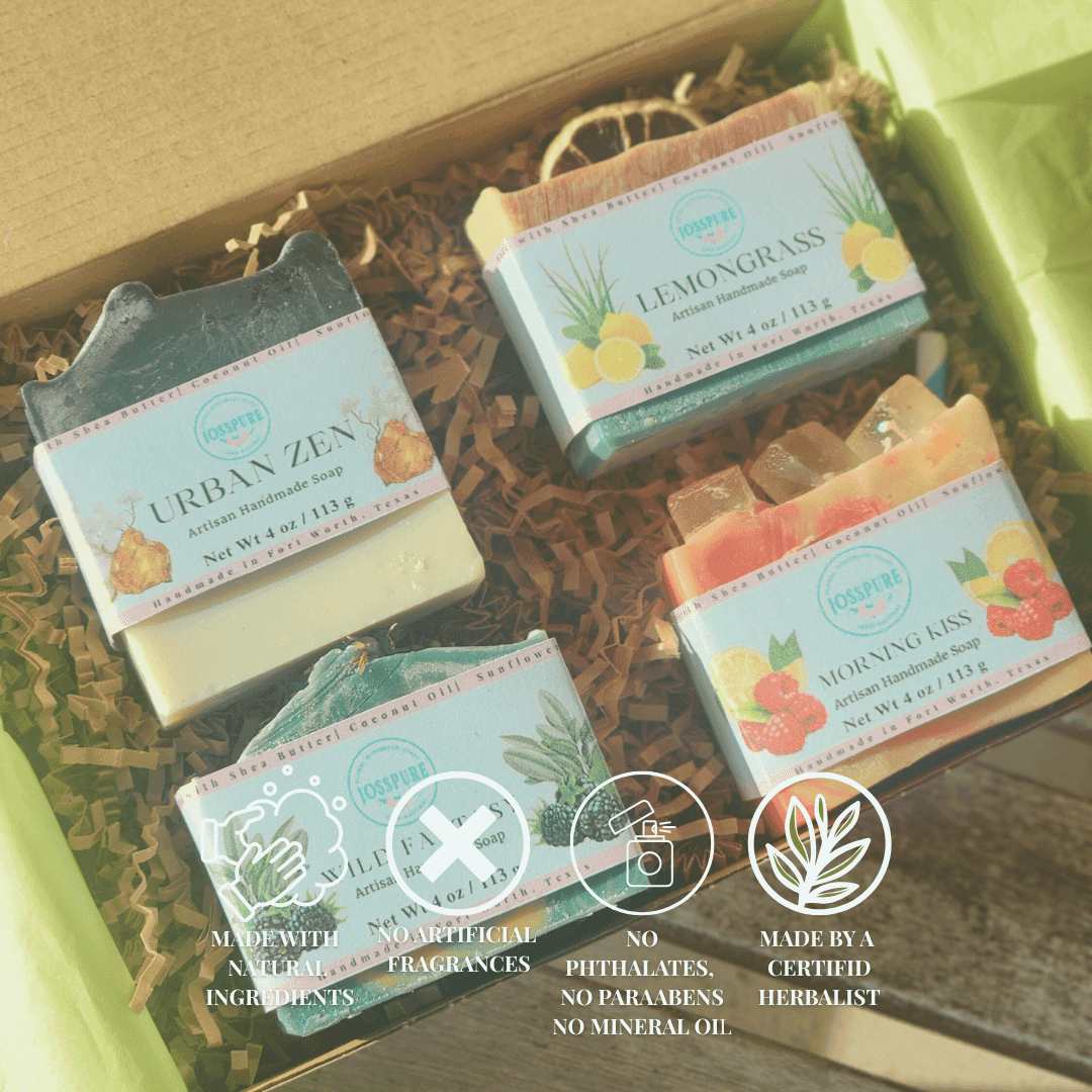 JOSSPURE spring soaps bundle featuring Urban Zen, Lemongrass, and Morning Bliss handcrafted soaps