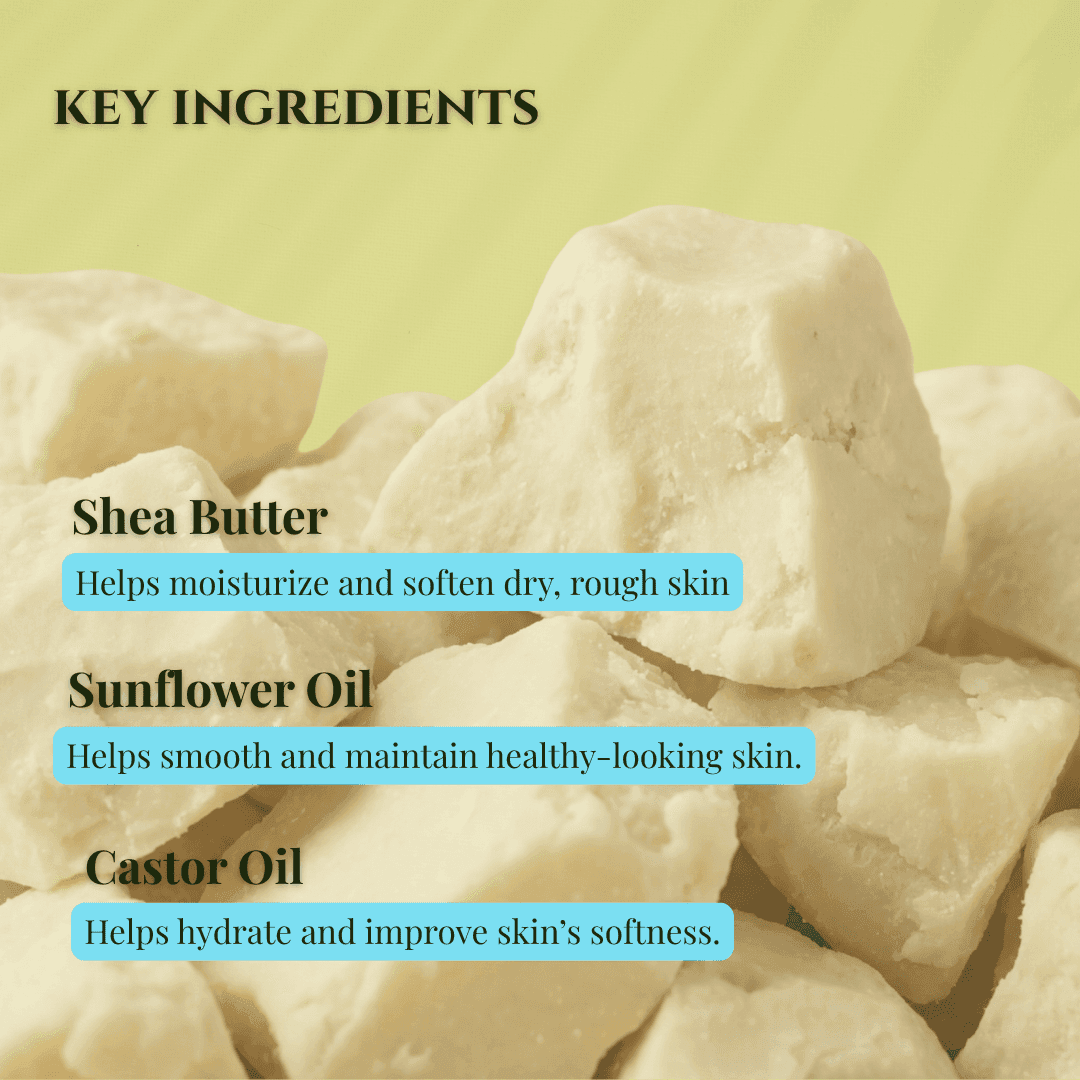 Key ingredients in JOSSPURE spring soaps bundle featuring shea butter, sunflower oil, and castor oil