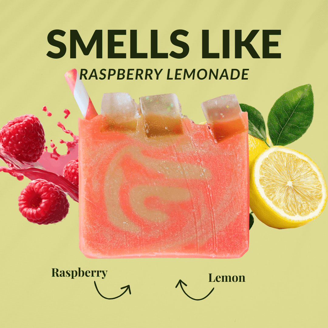 Spring soaps bundle featuring raspberry lemonade aroma with fruity colors and fresh ingredients
