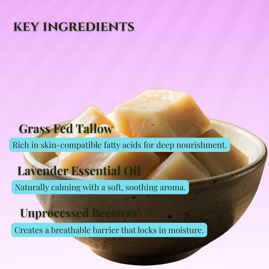 Key ingredients for whipped tallow lotion including grass fed tallow, lavender essential oil, and unprocessed beeswax