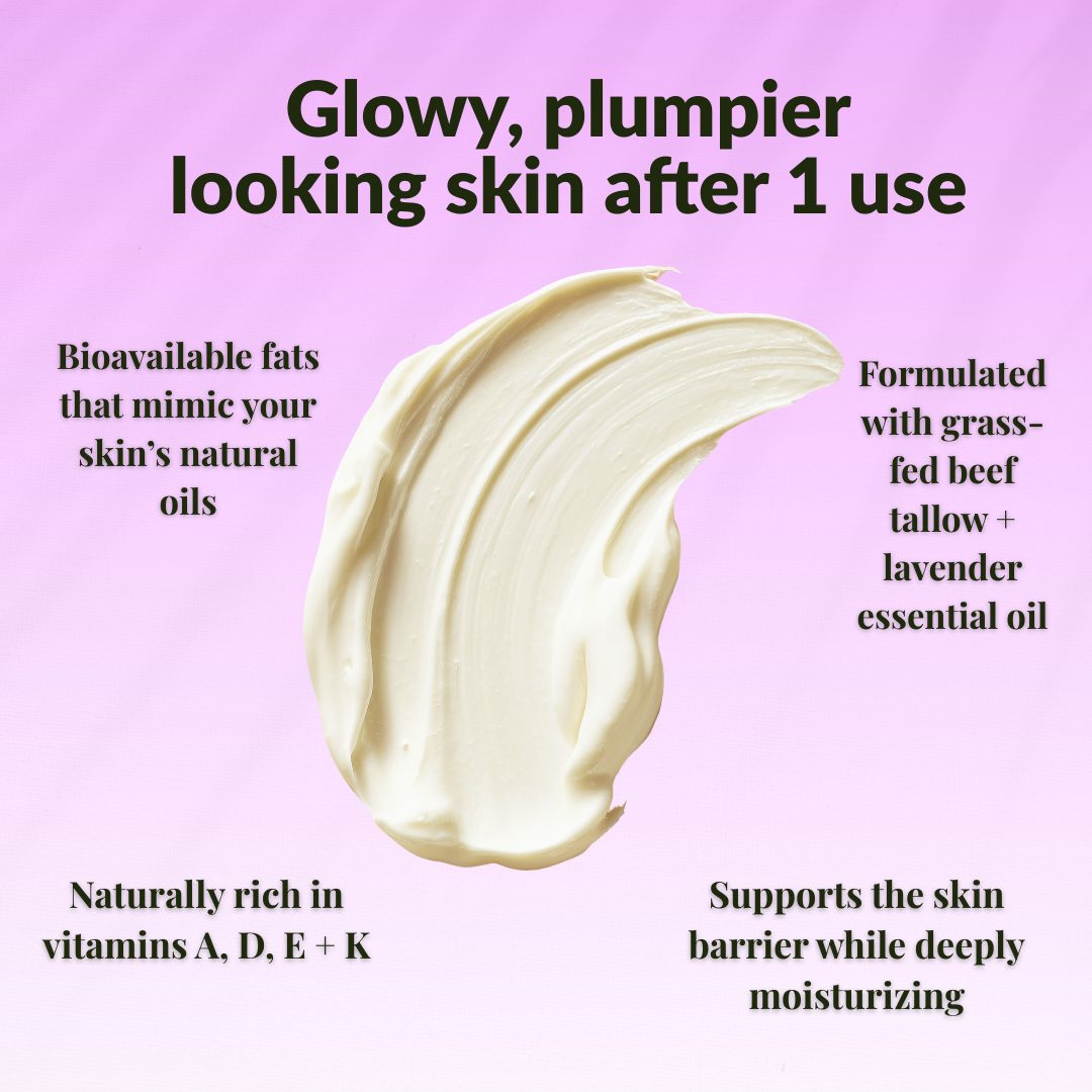 Whipped tallow lotion showcasing a creamy texture with natural ingredients for glowing skin