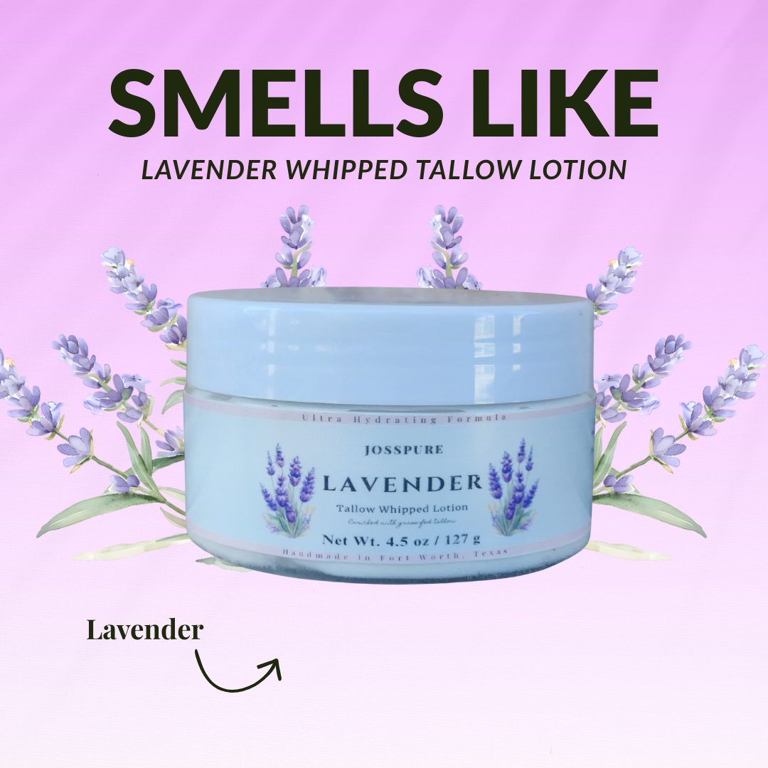 Lavender whipped tallow lotion jar on a lavender background, showcasing its natural body care benefits