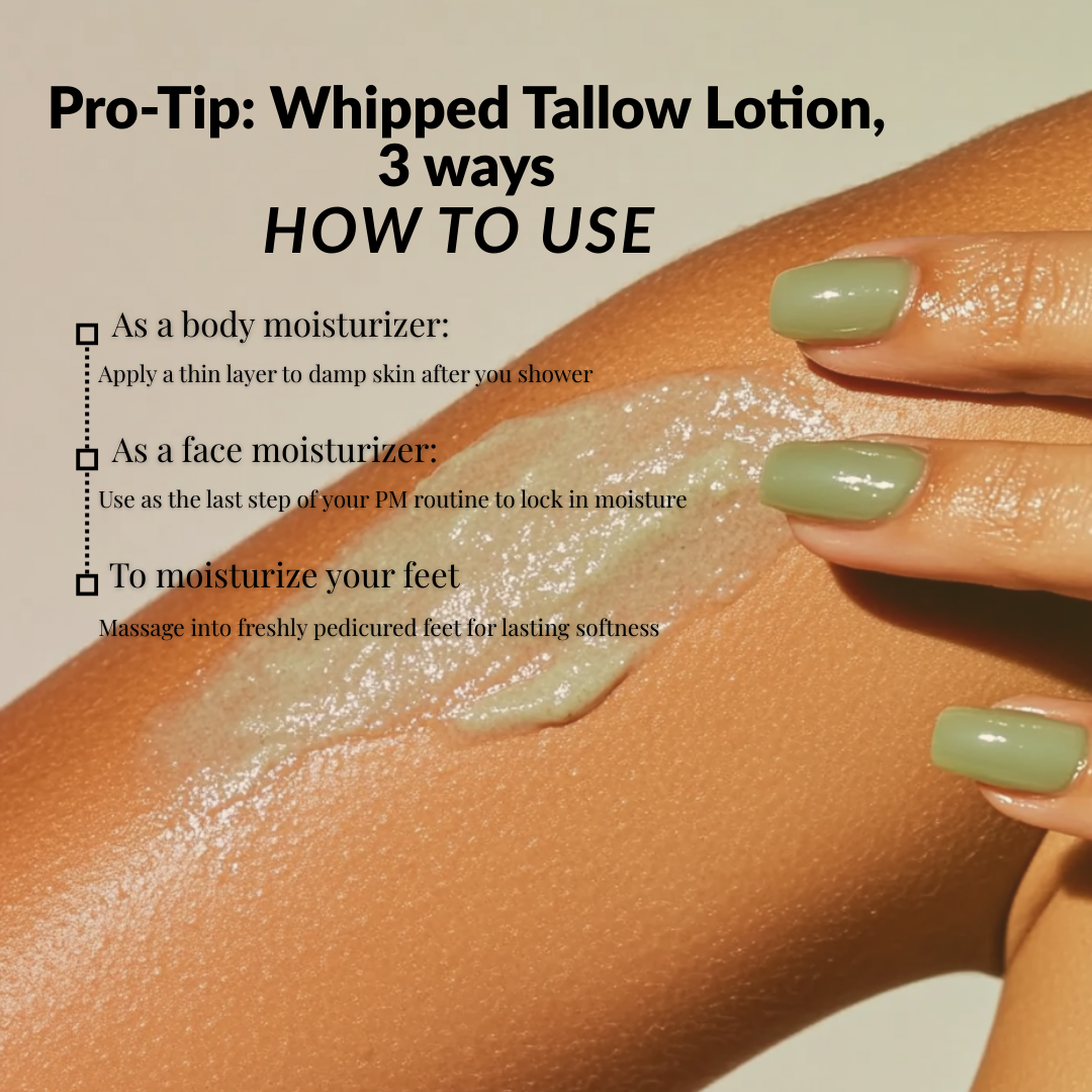 Whipped tallow lotion on skin with usage tips for body, face, and feet moisturizing