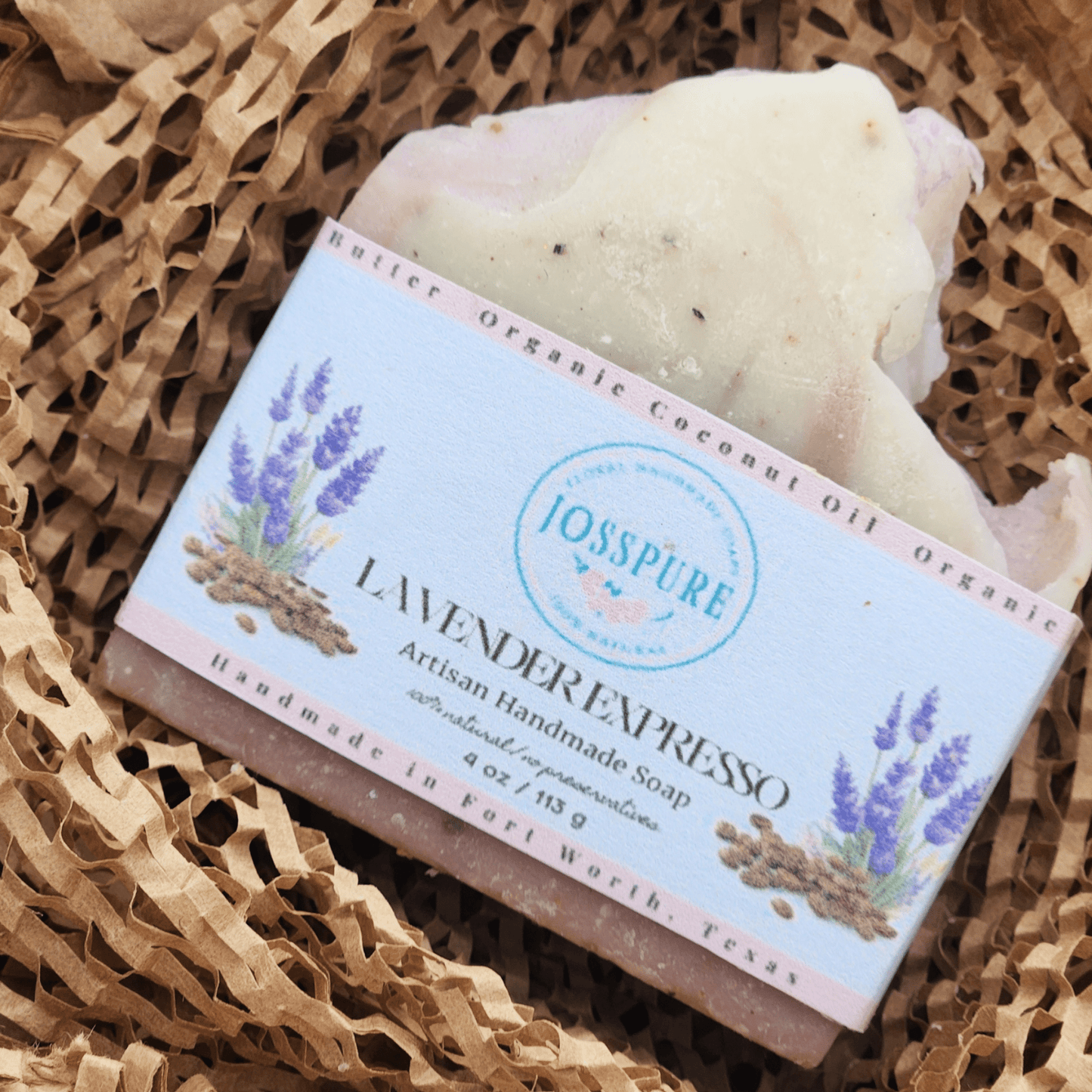 JOSSPURE lavender coffee mild shea butter soap with natural ingredients presented on eco-friendly packaging
