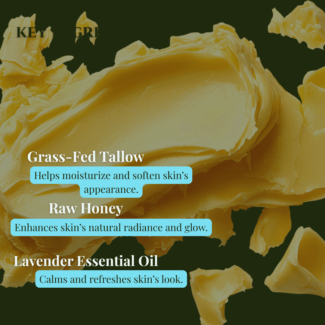 Ingredients for lavender honey tallow soap featuring grass-fed tallow, raw honey, and lavender essential oil