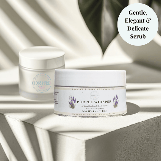 JOSSPURE purple whisper lavender luxury body sugar scrub in white jar with natural ingredients label