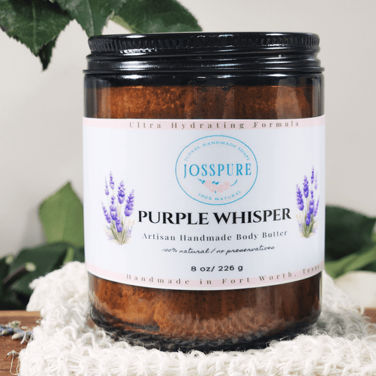 JOSSPURE lavender mango butter whipped body butter in amber jar with lavender illustration