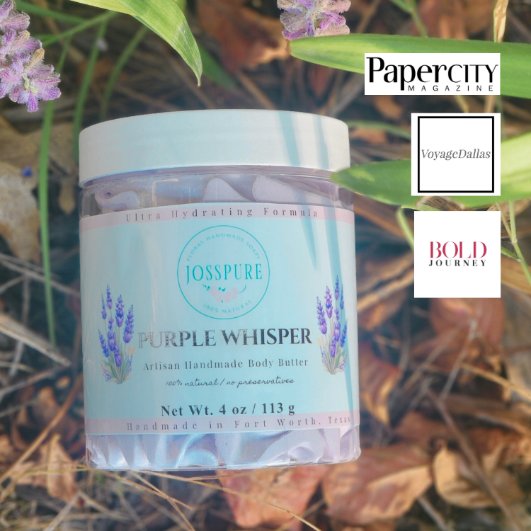 JOSSPURE Purple Whisper Artisan Handmade Body Butter featuring lavender mango butter whipped body butter in a clear jar