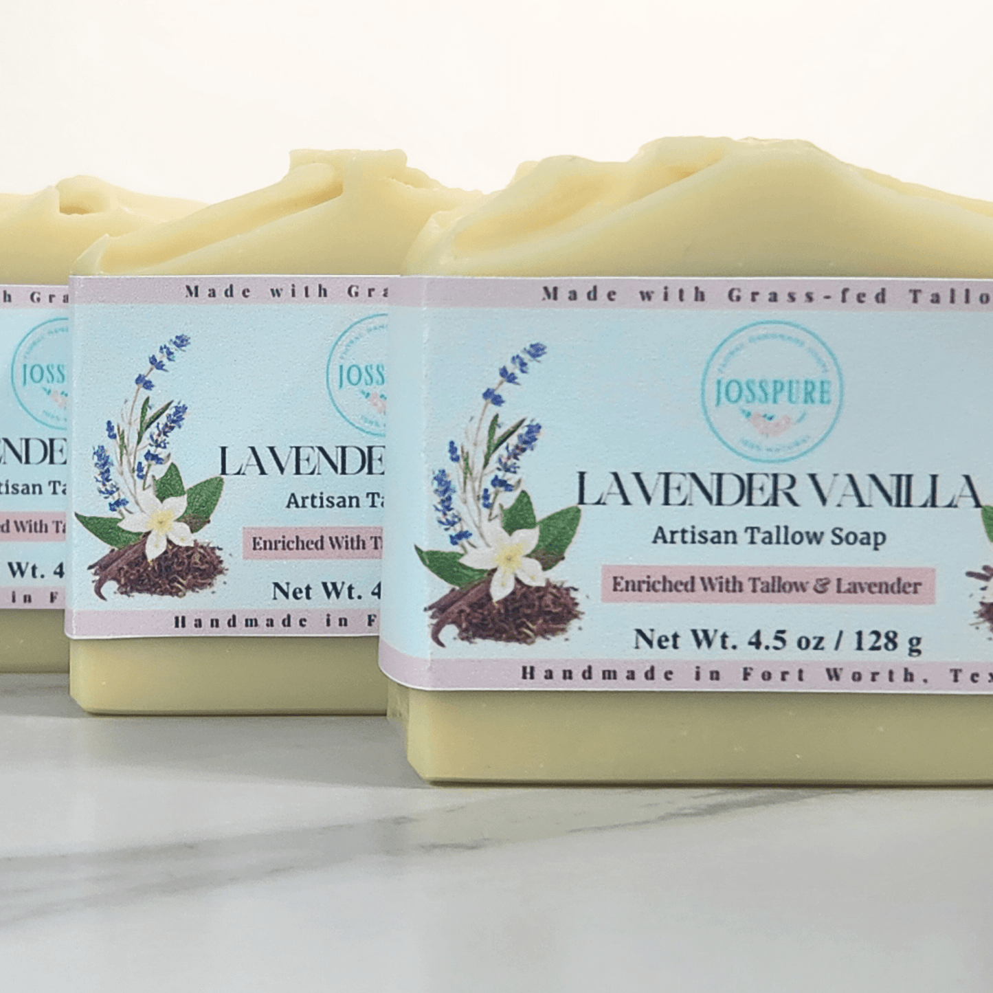 Lavender vanilla tallow soap bars enriched with tallow and lavender, made by JOSSPURE