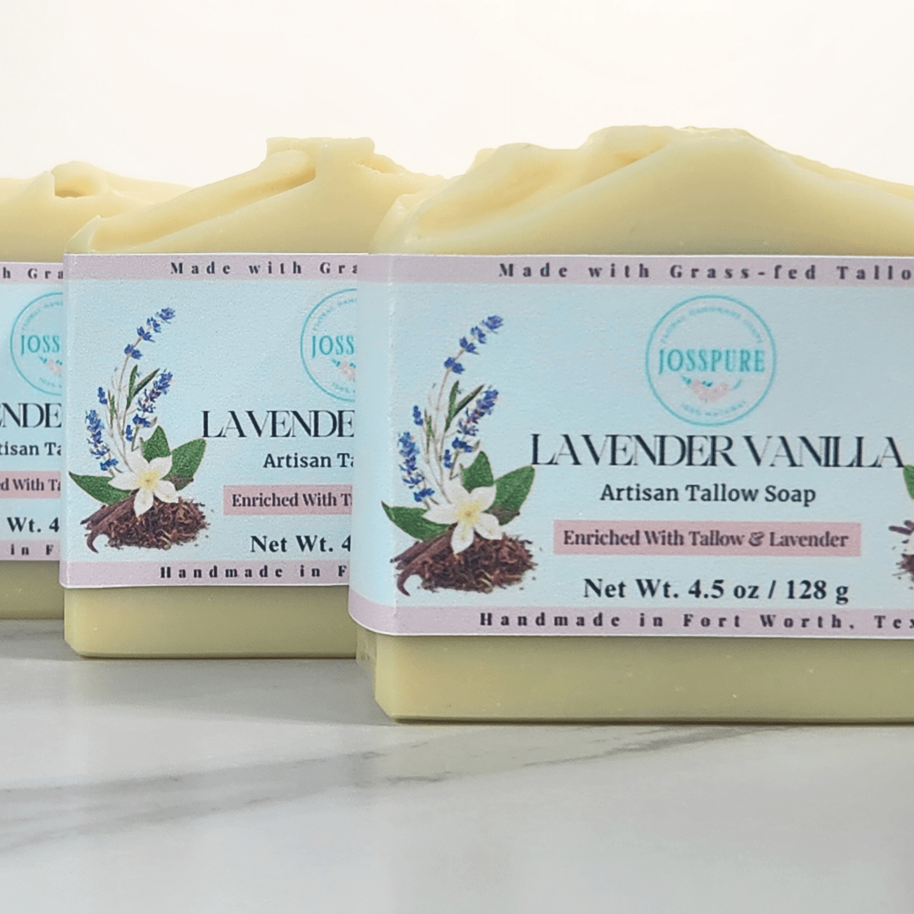 Lavender vanilla tallow soap bars enriched with tallow and lavender, made by JOSSPURE