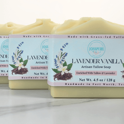Lavender vanilla tallow soap bars enriched with tallow and lavender, made by JOSSPURE