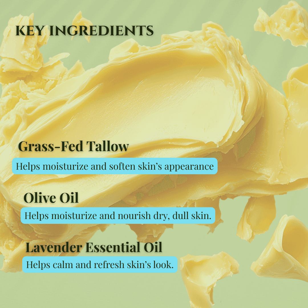 Key ingredients for lavender vanilla tallow soap including grass-fed tallow, olive oil, and lavender essential oil