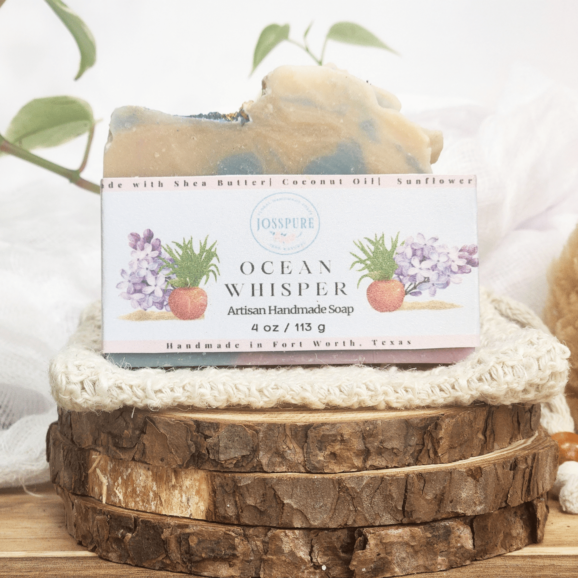 JOSSPURE ocean luxury mild shea butter soap bar handmade with natural ingredients on wooden display