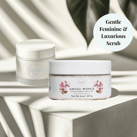 JOSSPURE orchid sea salt luxury body sugar scrub in white jar with floral design on minimalist background