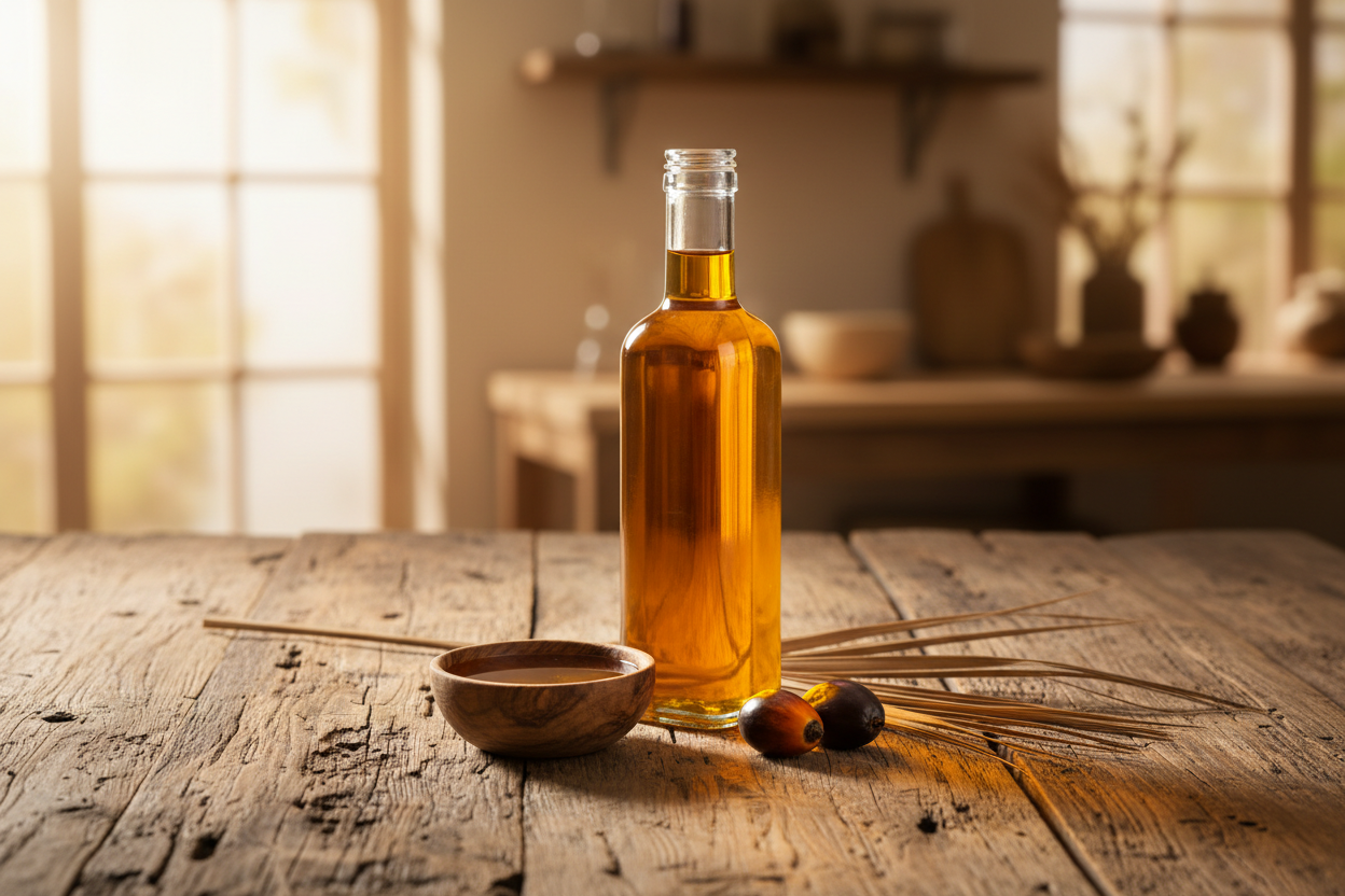 Bottle of amber liquid on a wooden table with a warm, rustic setting.