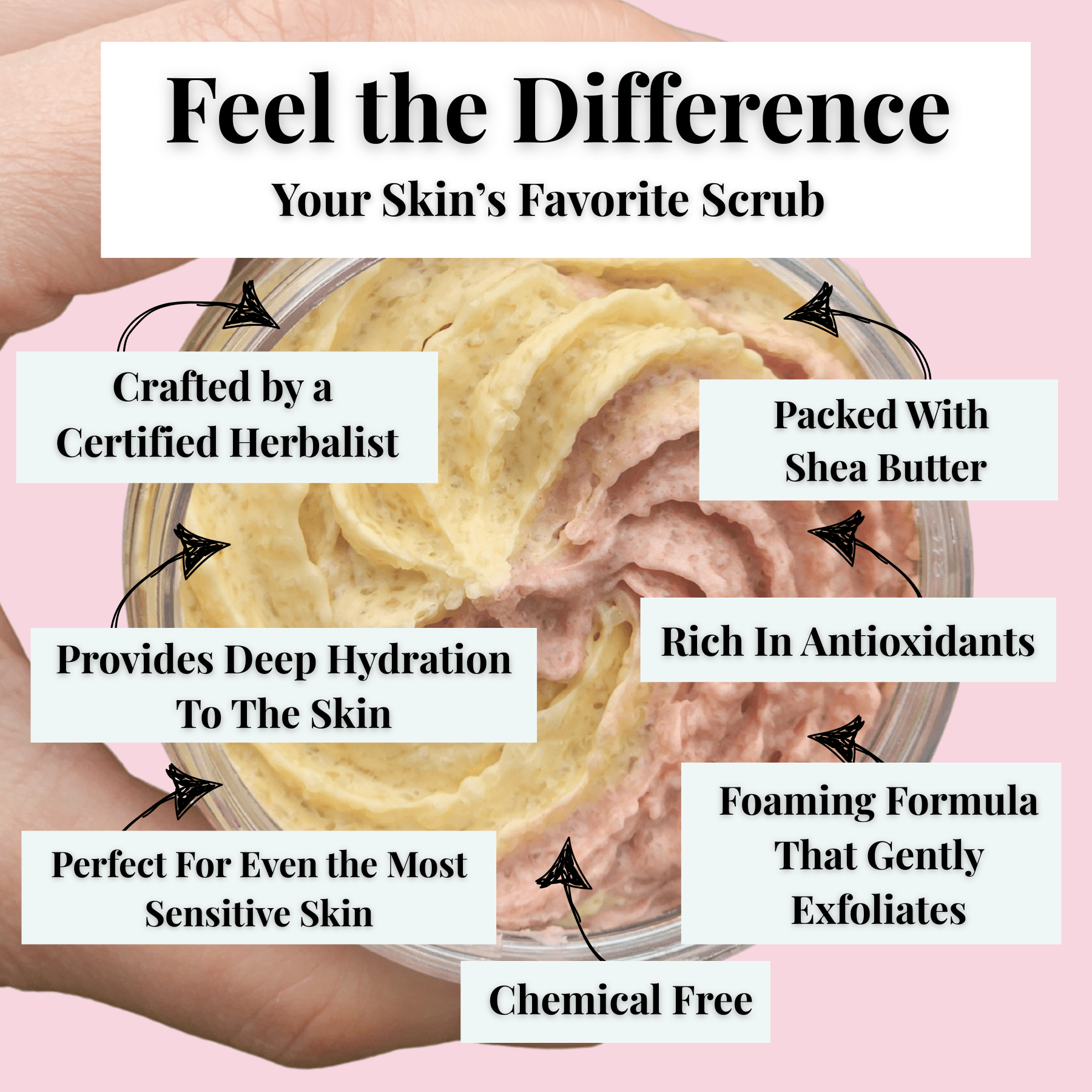 Peony & Lily sugar scrub jar held in hand showing creamy dual-tone texture with natural skincare benefits