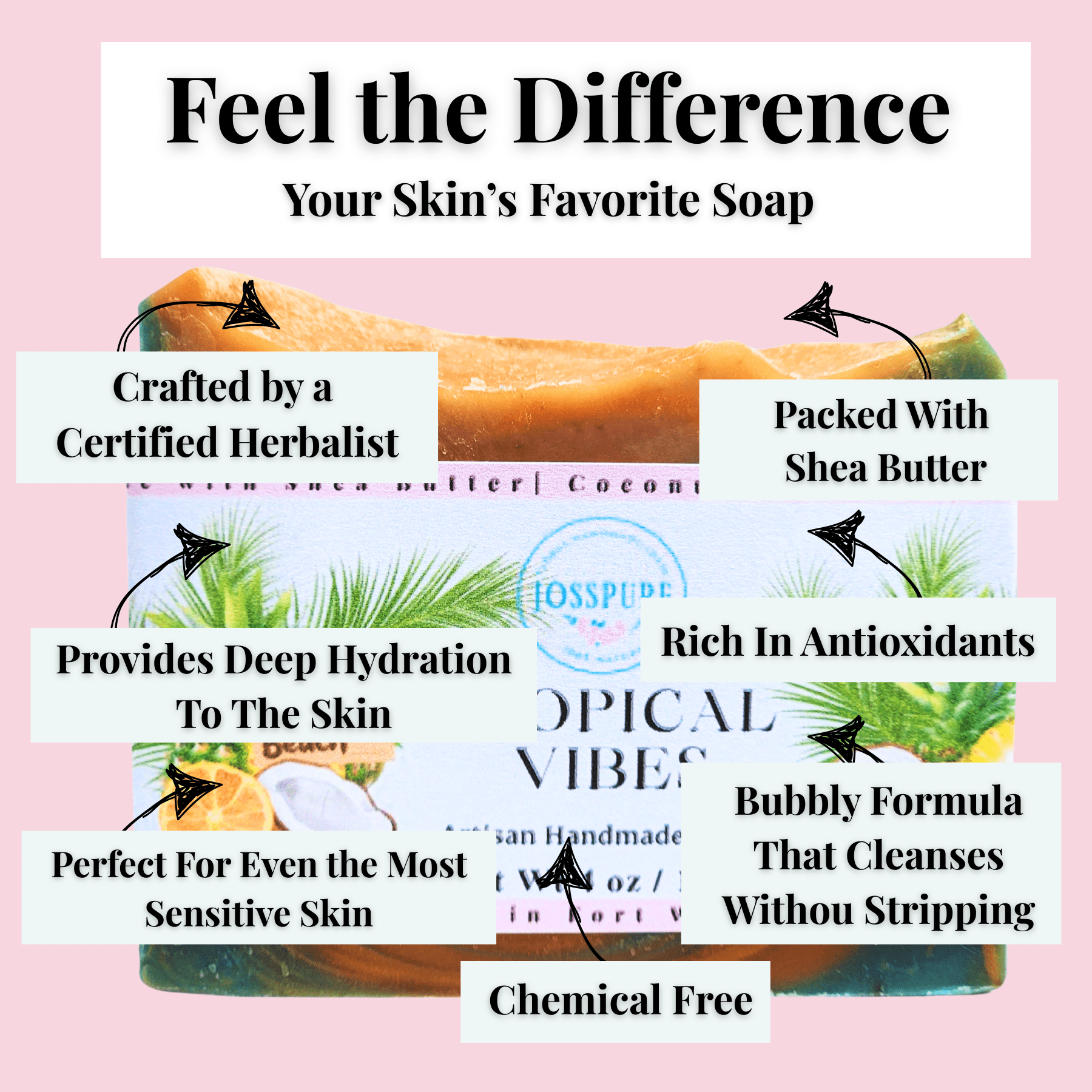 JOSSPURE pineapple orange coconut summer shea butter soap bar with tropical packaging and natural ingredients