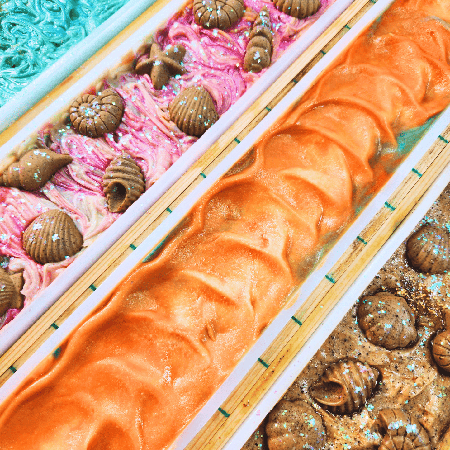 JOSSPURE handmade sea salt shea butter summer soap bars with natural body care ingredients in various colors