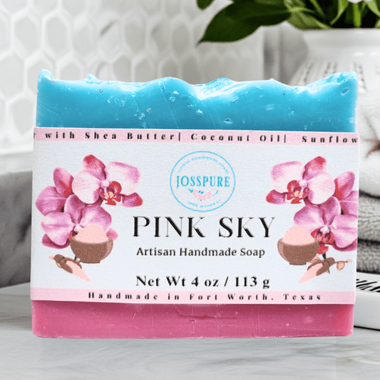 JOSSPURE Pink Sky artisan handmade sea salt shea butter summer soap with floral design