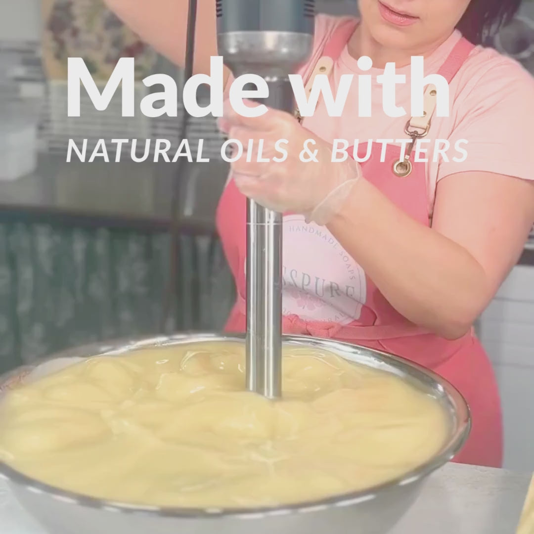 soapmaker mixing oils with lye solution