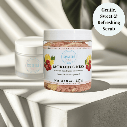 JOSSPURE raspberry lemonade sugar scrub in clear jar with white lid showing natural ingredients label
