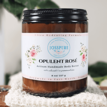 JOSSPURE rose mango butter whipped body butter in brown jar with black lid and floral label
