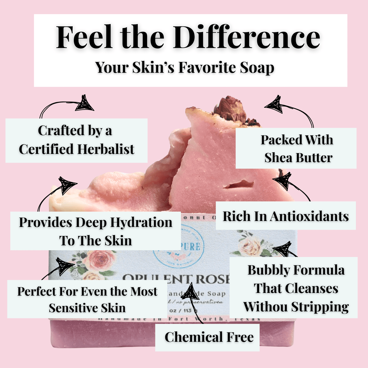 JOSSPURE rose mild shea butter soap with natural ingredients handcrafted by a certified herbalist for deep hydration and sensitive skin