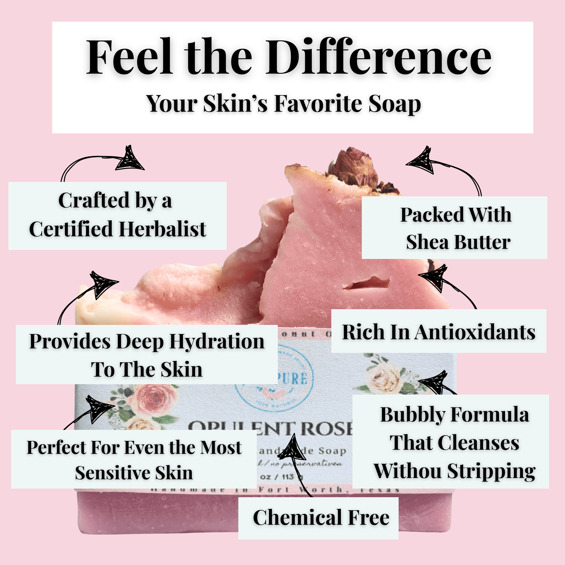 JOSSPURE rose mild shea butter soap with natural ingredients handcrafted by a certified herbalist for deep hydration and sensitive skin