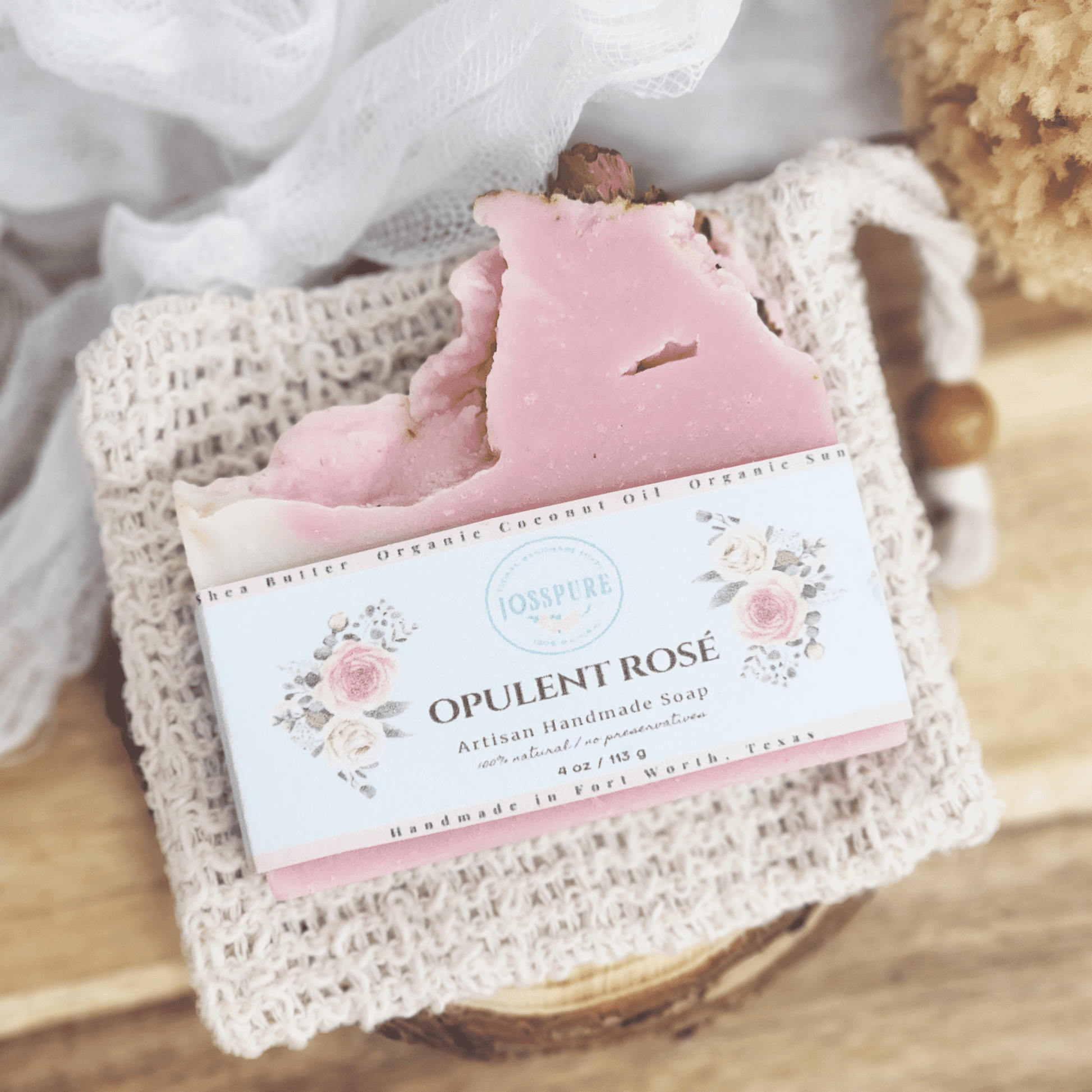 JOSSPURE rose mild shea butter soap handmade artisan soap with floral scent on natural washcloth